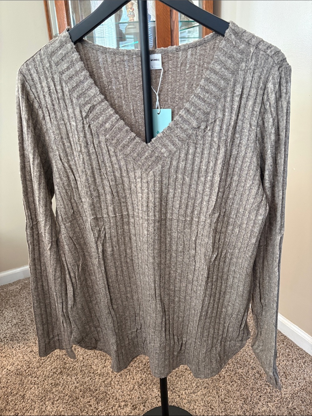 Cozy Ribbed V-Neck Sweater - Heather Taupe